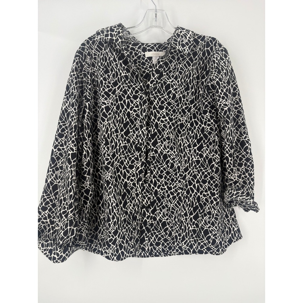 Chicos Womens Black White Abstract Print Button Up Shirt Blouse Top Size 2‎